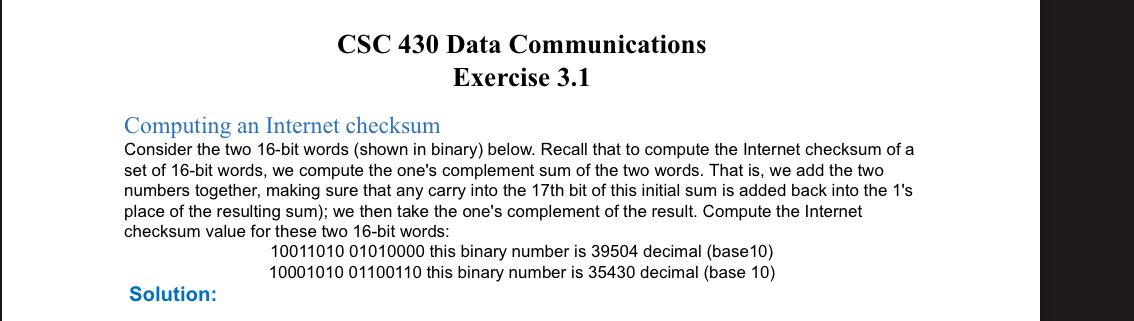 CSC 4 3 0 Data Communications Exercise 3 . 1