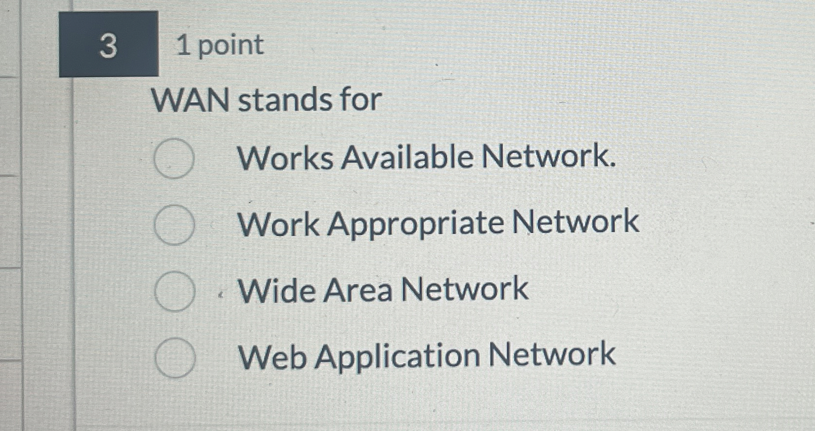 3 1 point WAN stands for Works Available Network.