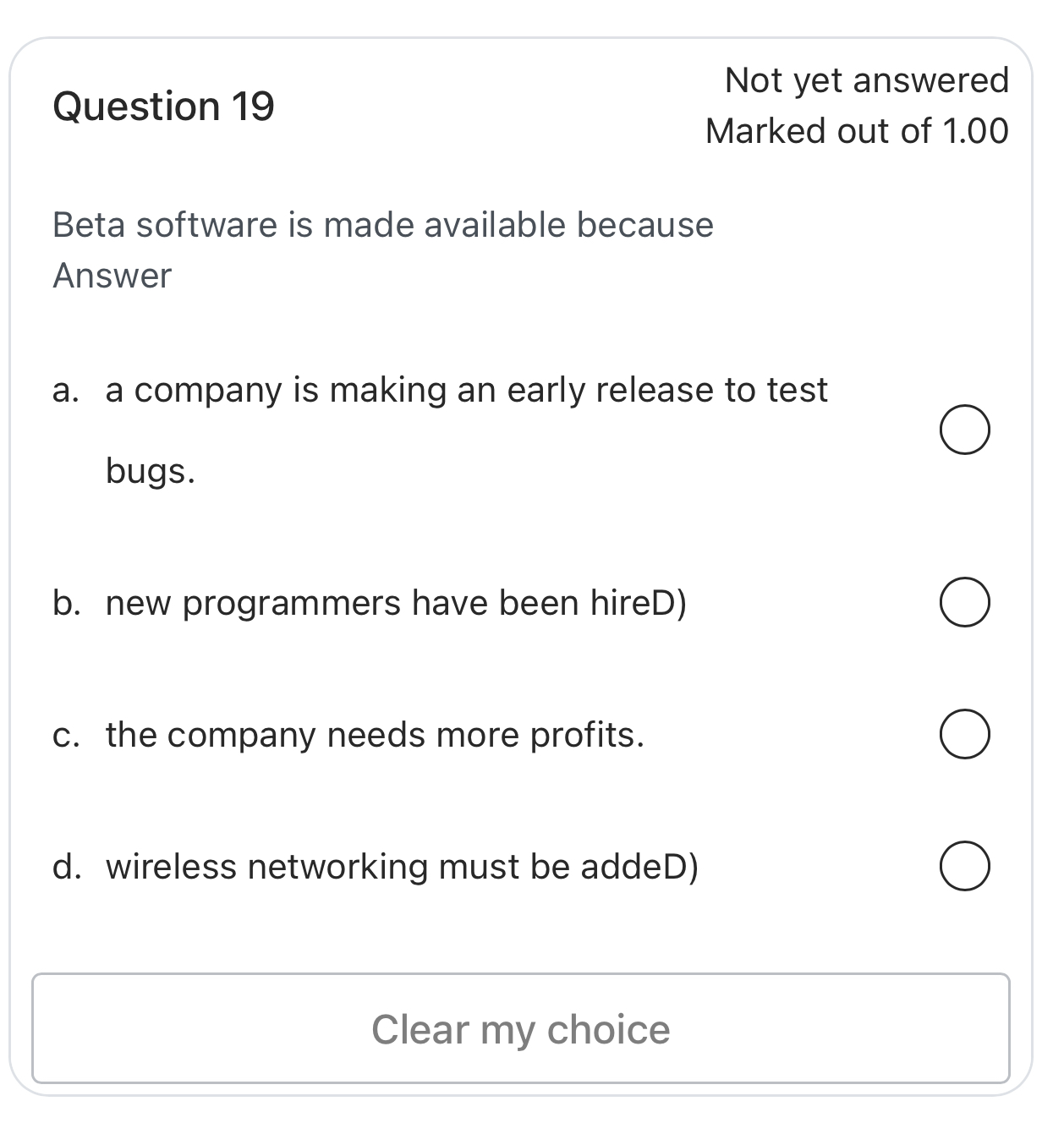 Question 1 9 Not yet answered Marked out of 1 . 0