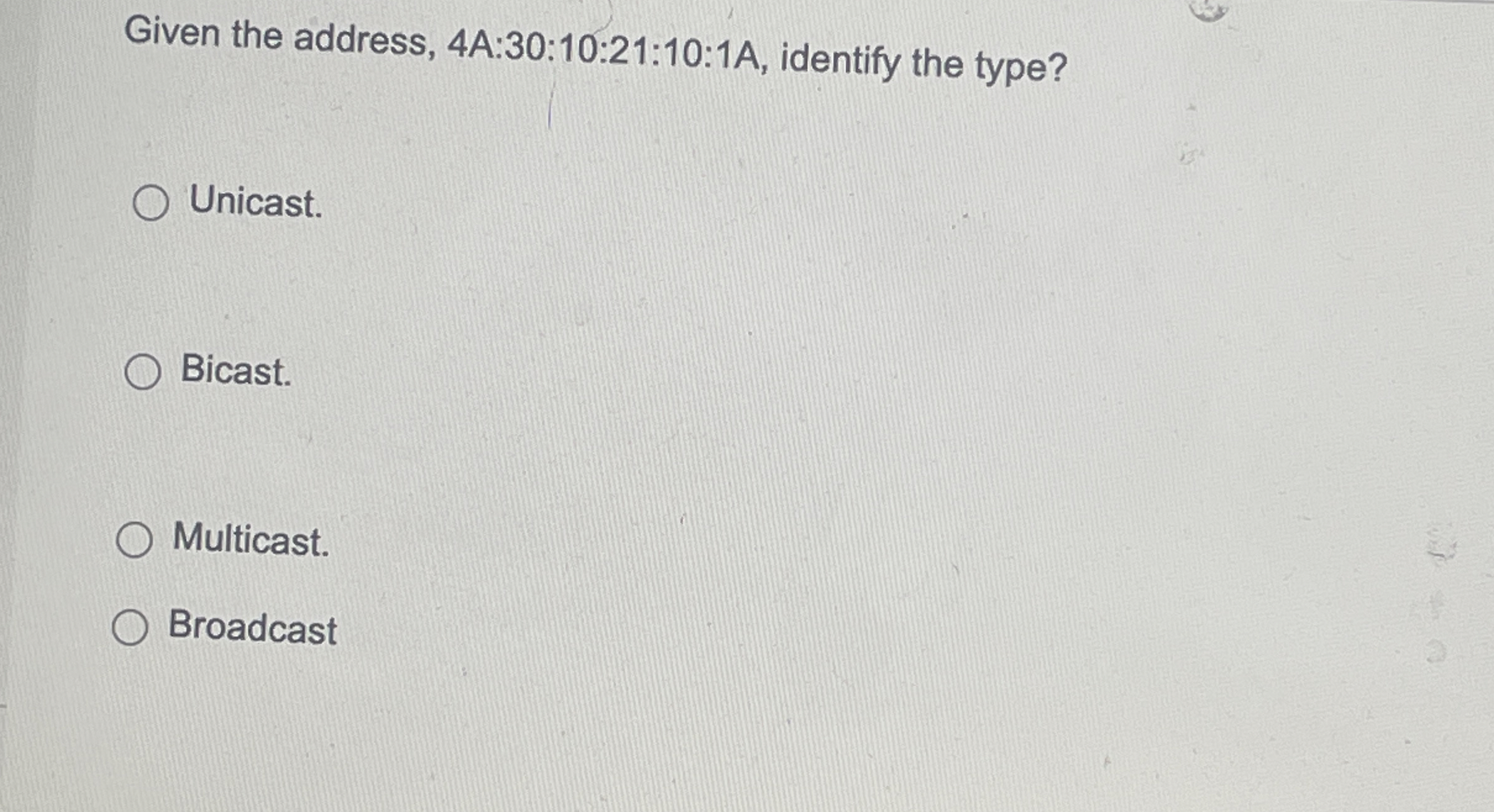 Given the address, 4 A : 3 0 : 1 0 : 2 1 : 1 0 :