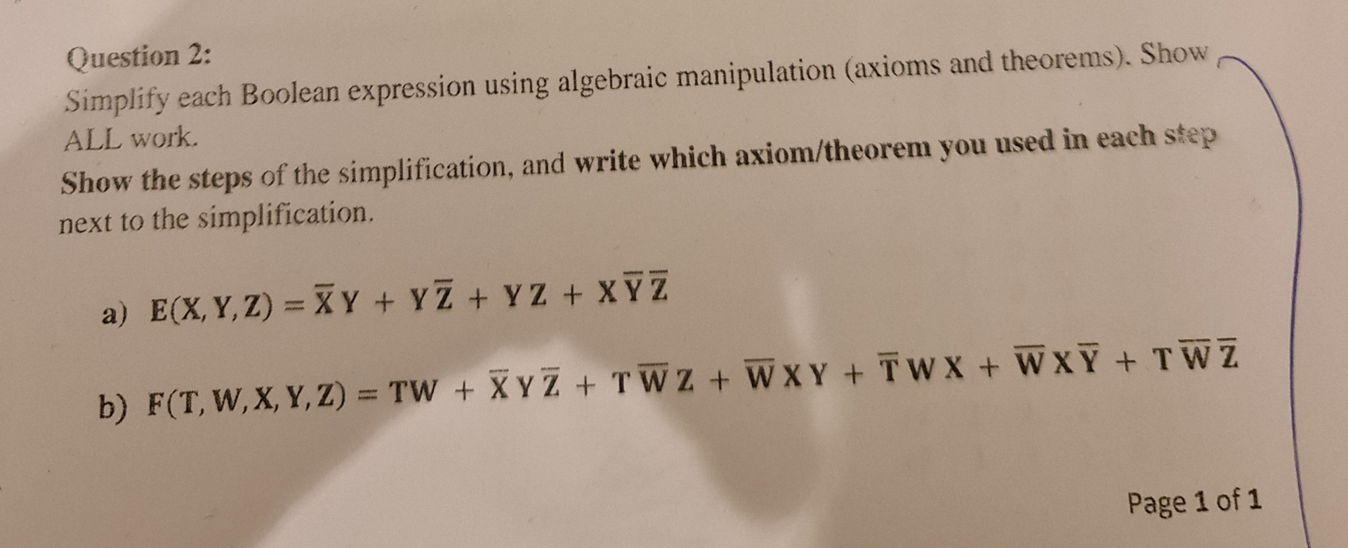 Question 2 : Simplify each Boolean expression