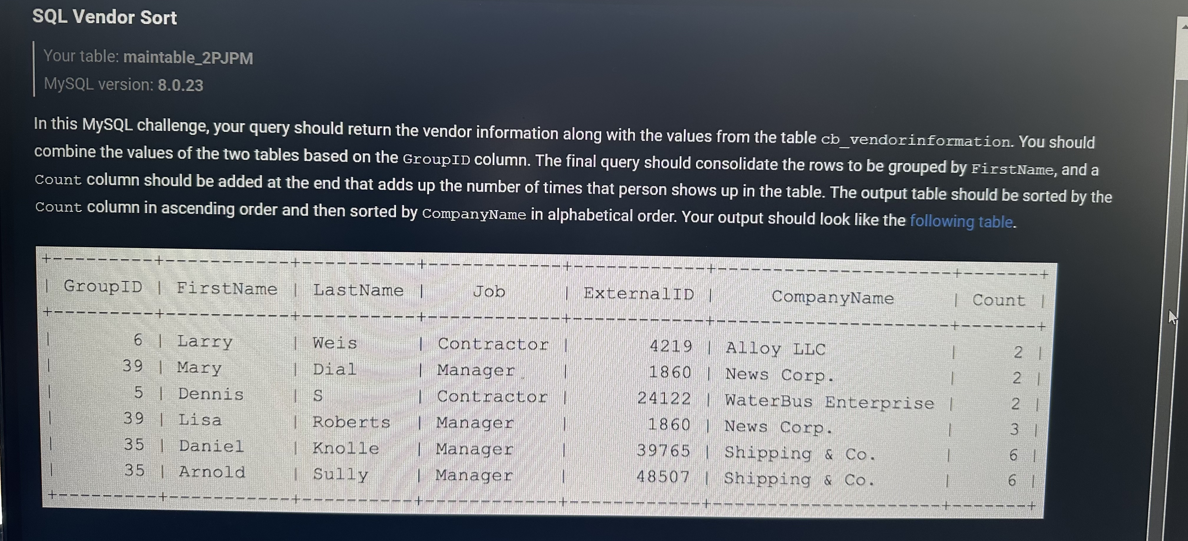 SQL Vendor Sort Your table: maintable _ 2 PJPM