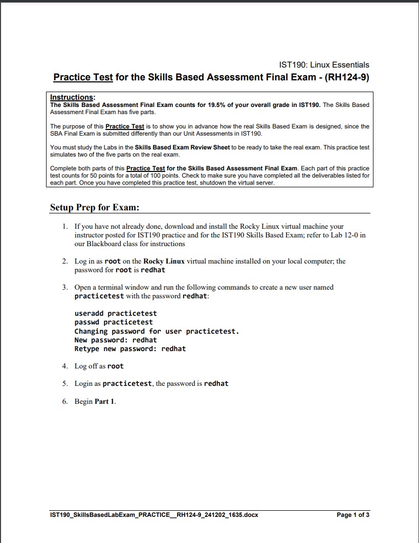 Practice Test for the Skills Based Assessment