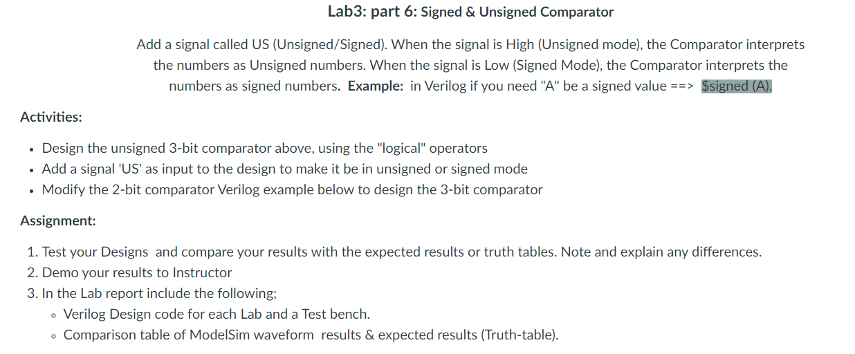 Lab 3 : part 6 : Signed \ & Unsigned Comparator