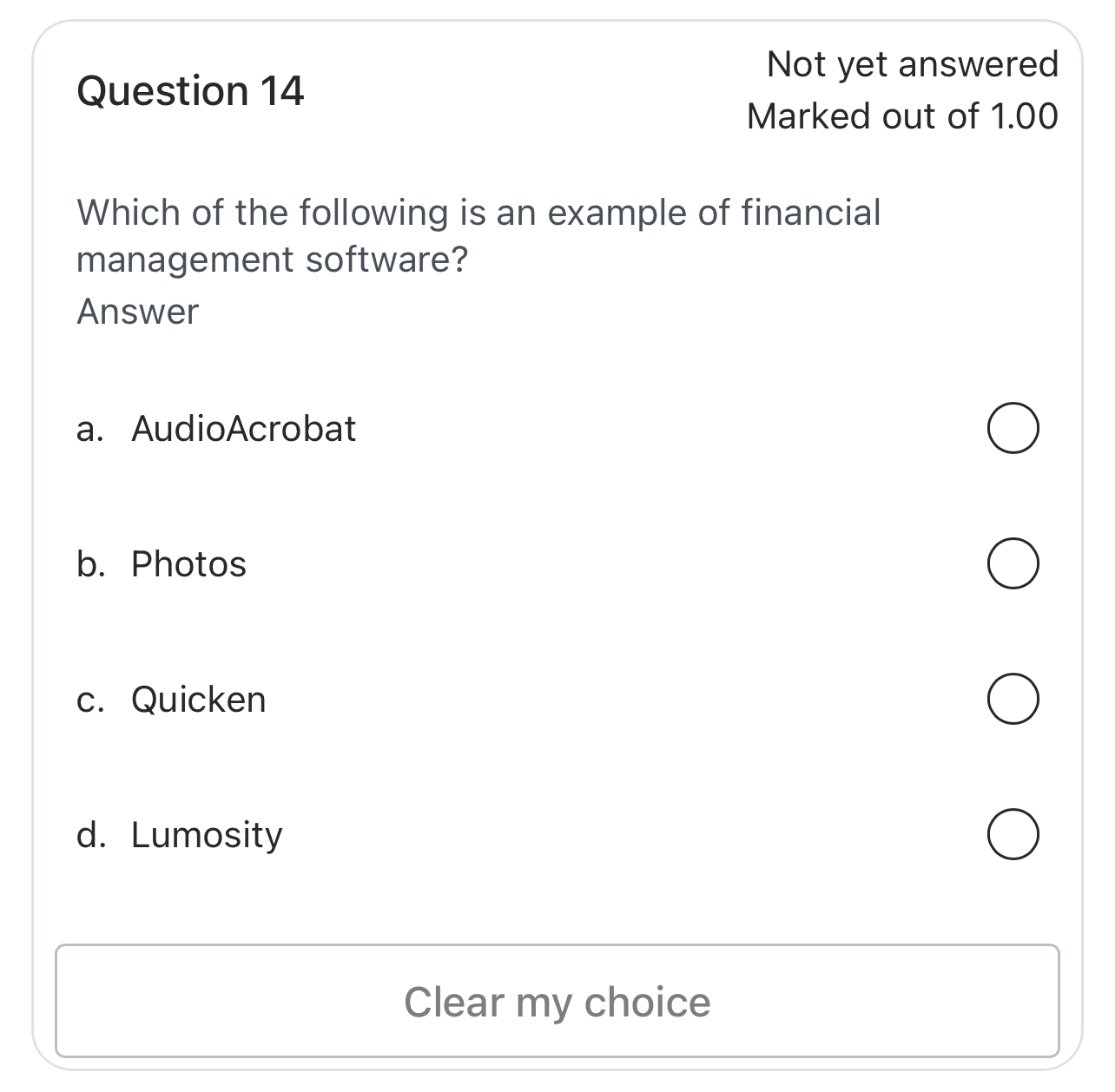 Question 1 4 Not yet answered Marked out of 1 . 0