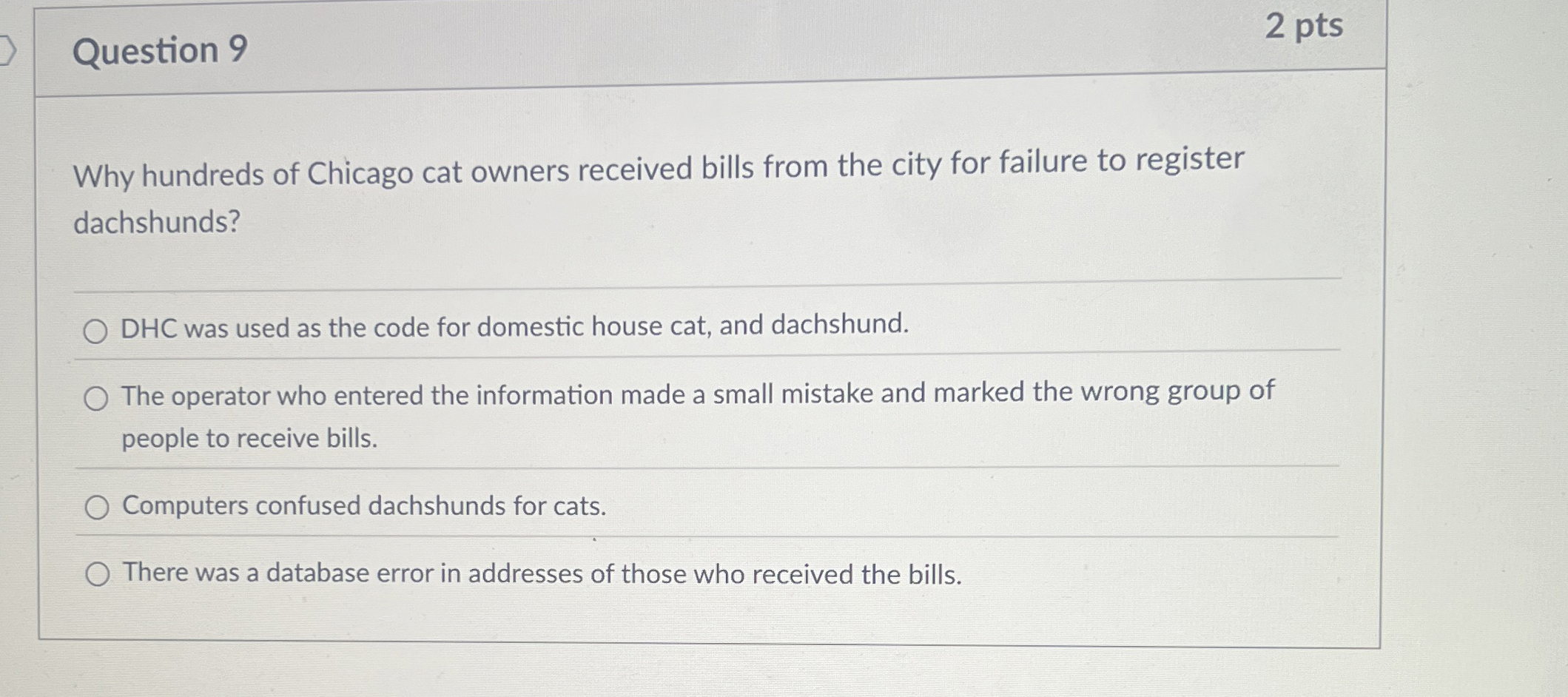 Question 9 2 pts Why hundreds of Chicago cat
