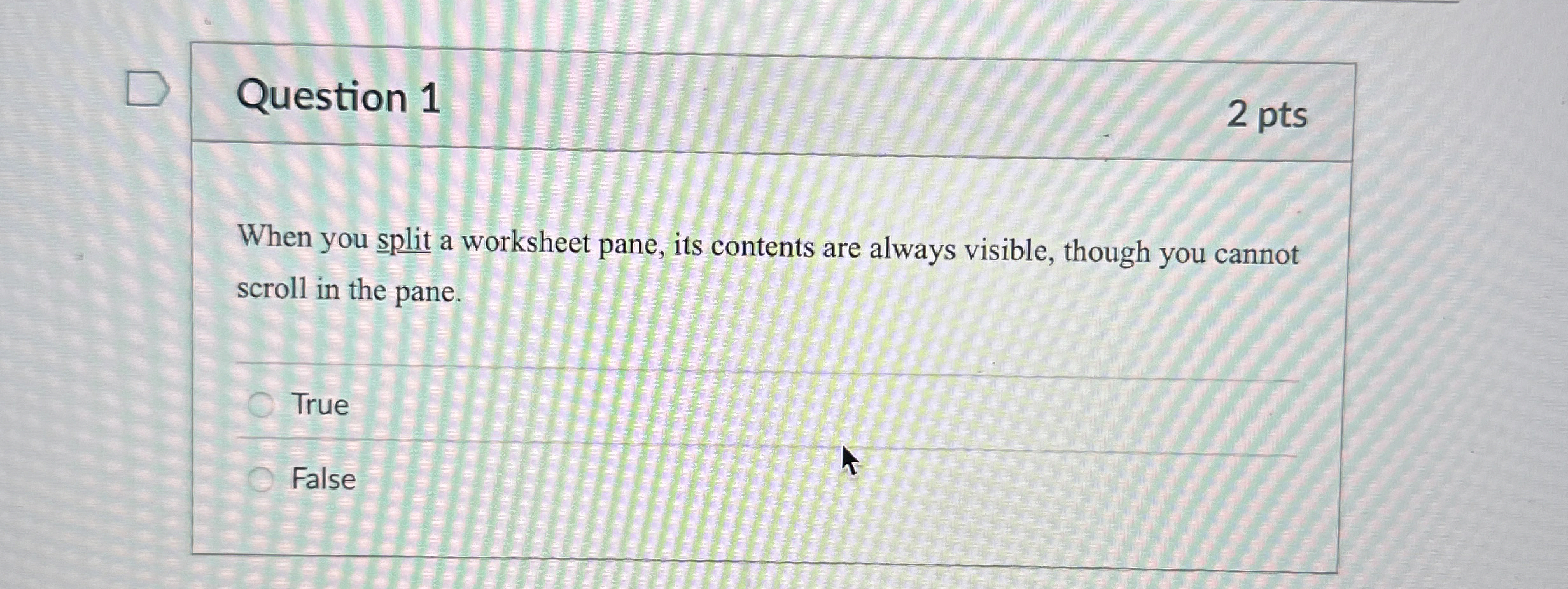 Question 1 2 pts When you split a worksheet pane,