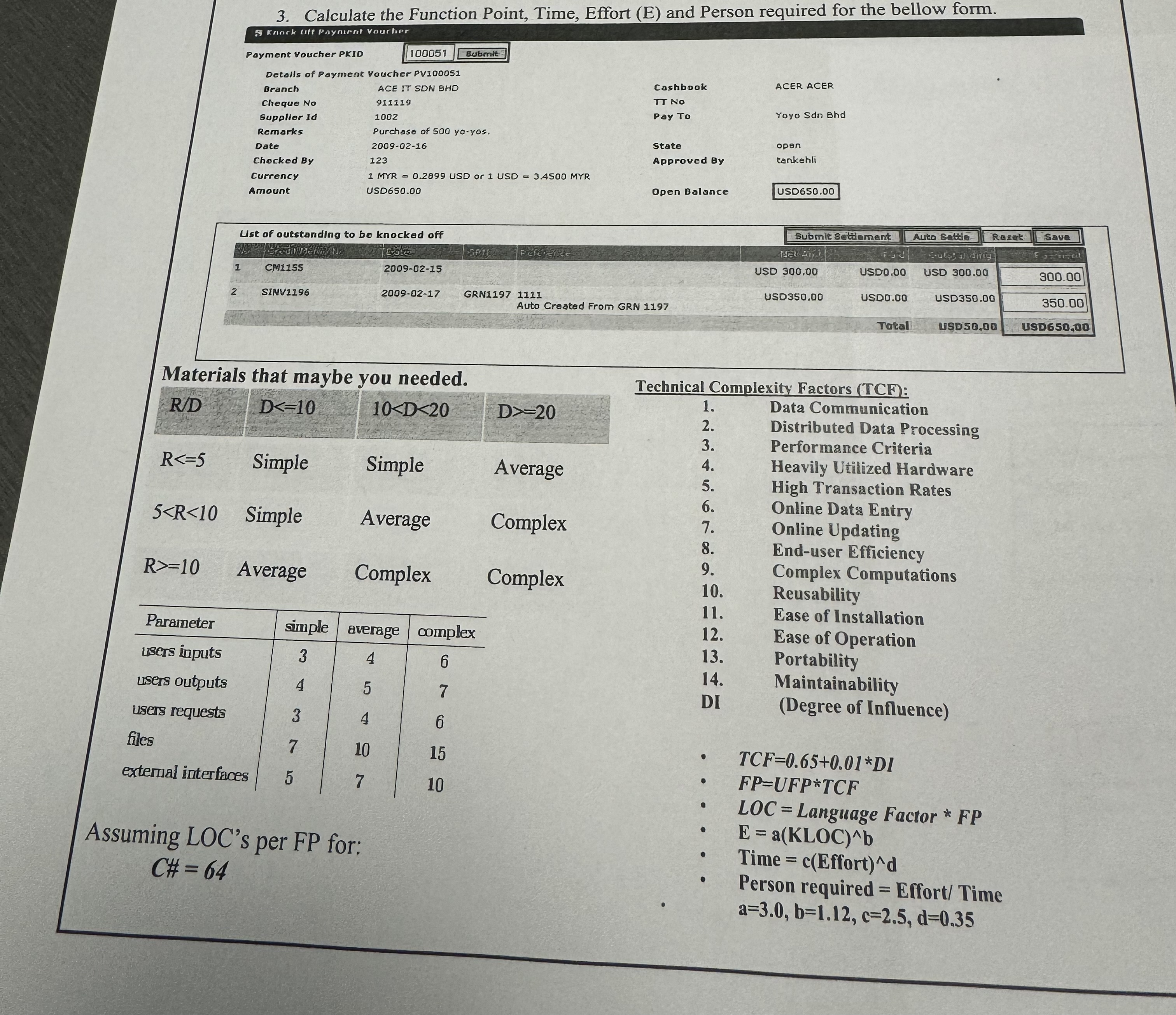 Calculate the function point, time effort and