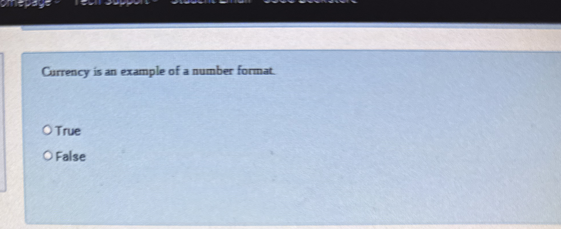 Currency is an example of a number format. True