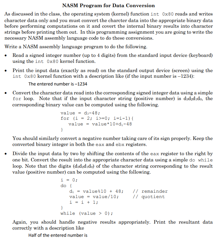 NASM Program for Data Conversion As discussed in