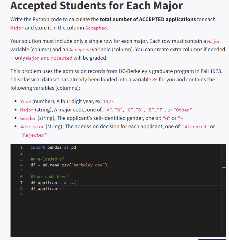 Accepted Students for Each Major Write the Python