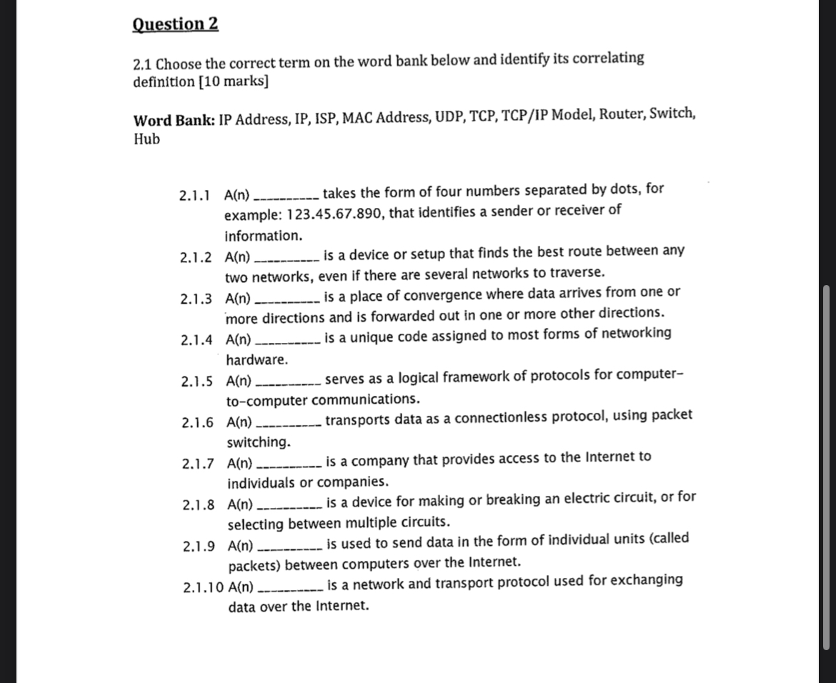 Question 2 2 . 1 Choose the correct term on the