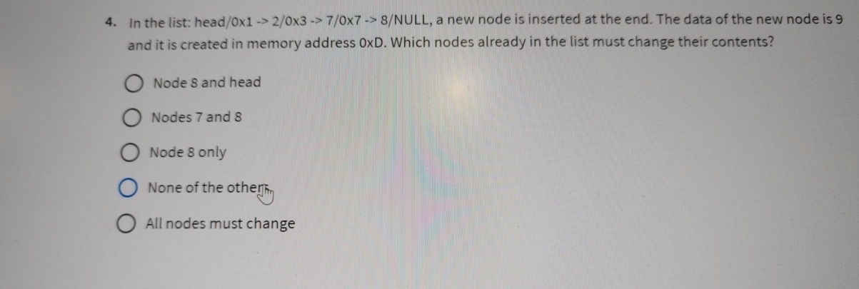 In the list: head / 0 x 1 2 0 3 7 0 7 8 ? NULL, a