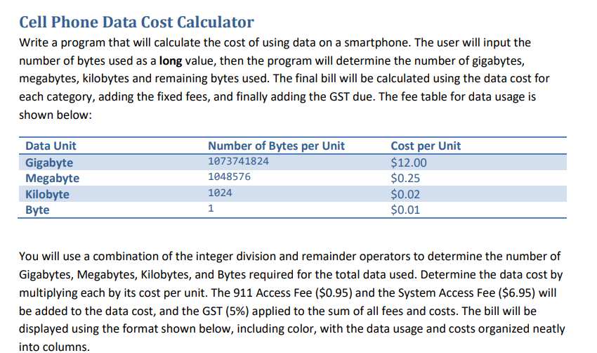 Cell Phone Data Cost Calculator Write a C#