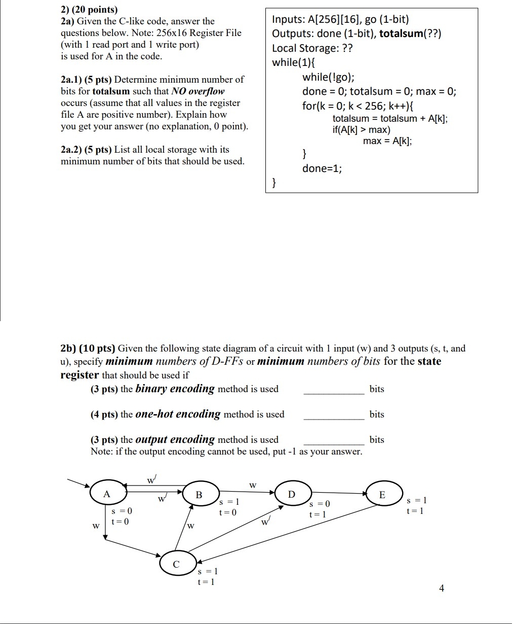 2 ) ( 2 0 points ) 2 a ) Given the C - like code,