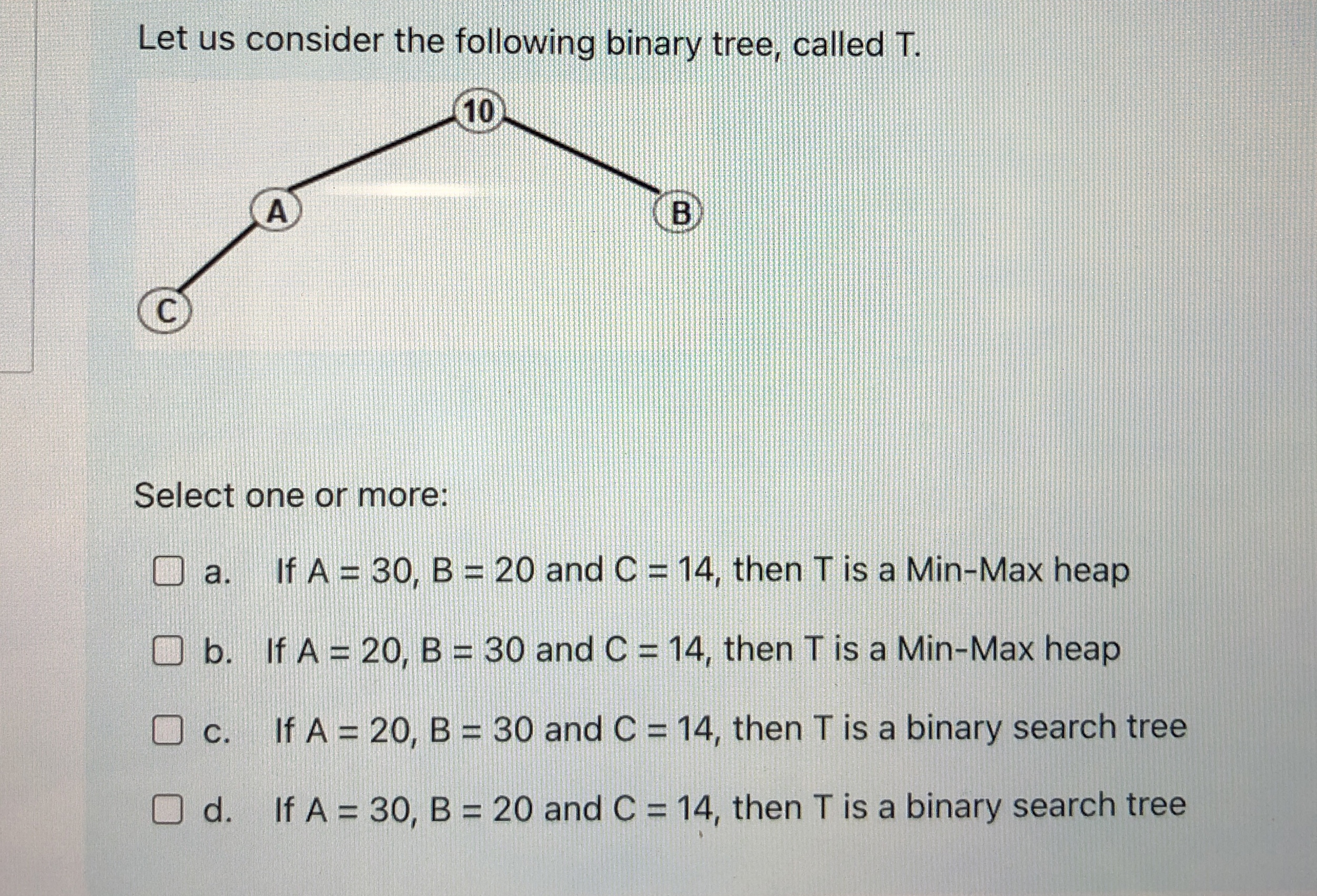 Let us consider the following binary tree, called
