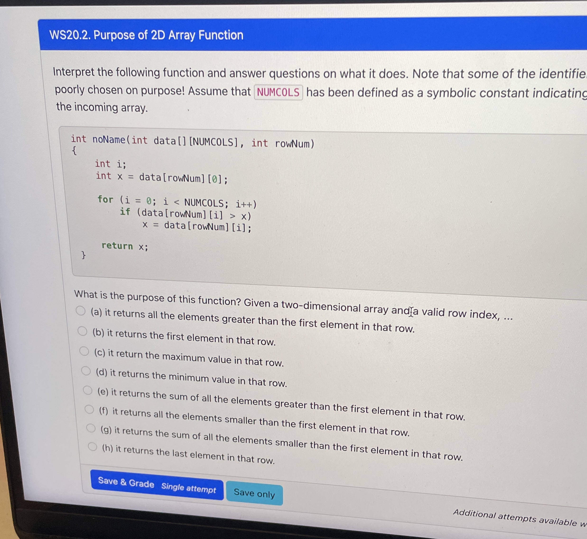 WS 2 0 . 2 . Purpose of 2 D Array Function