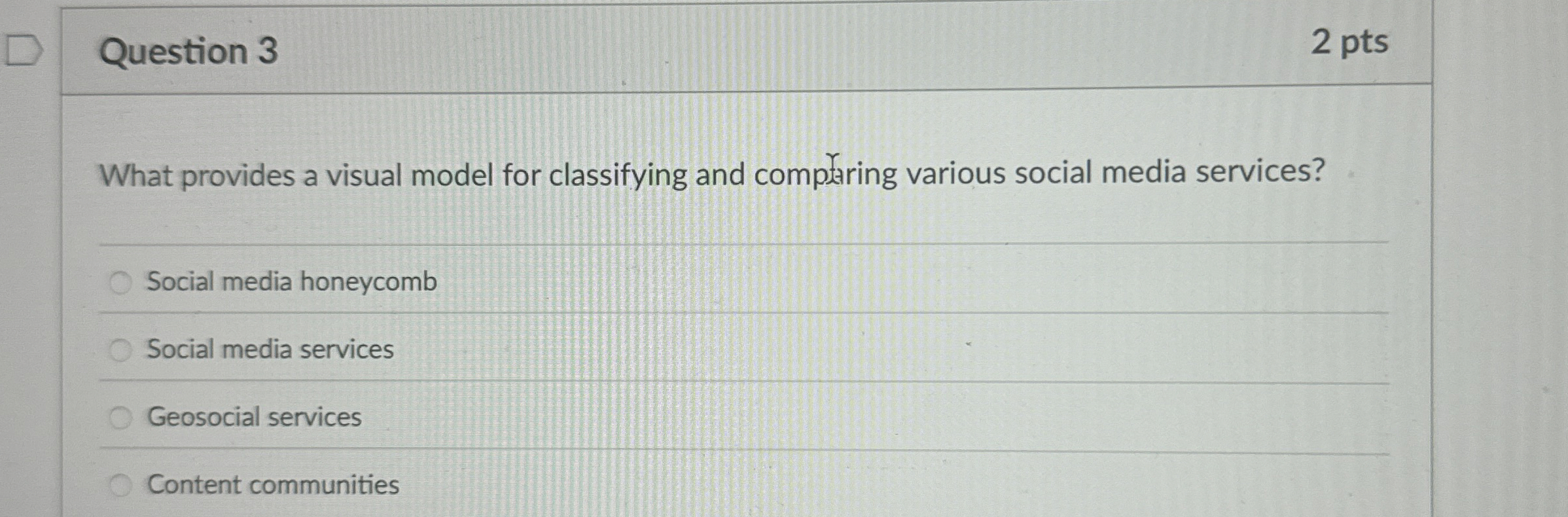 Question 3 2 pts What provides a visual model for