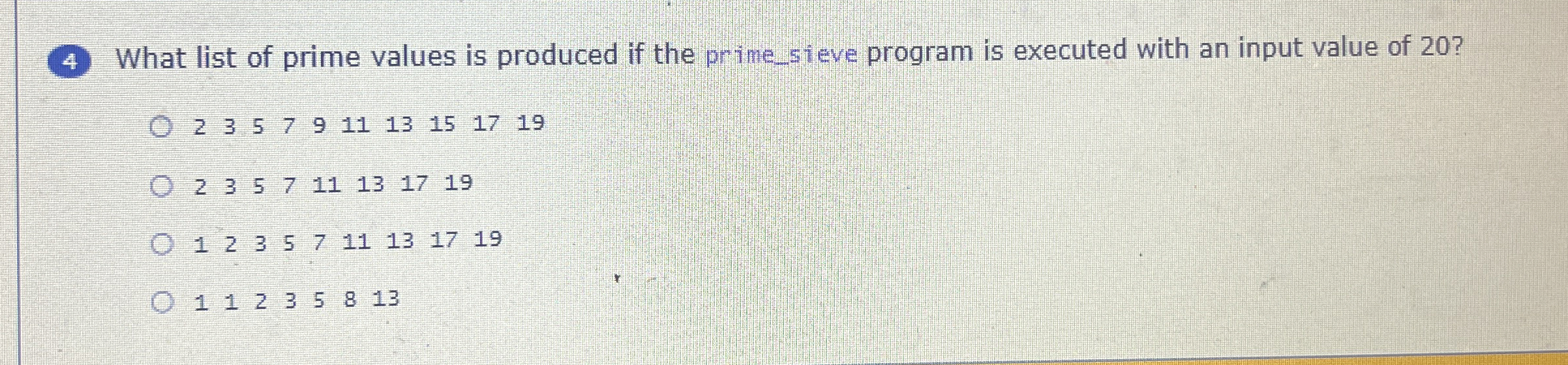 What list of prime values is produced if the