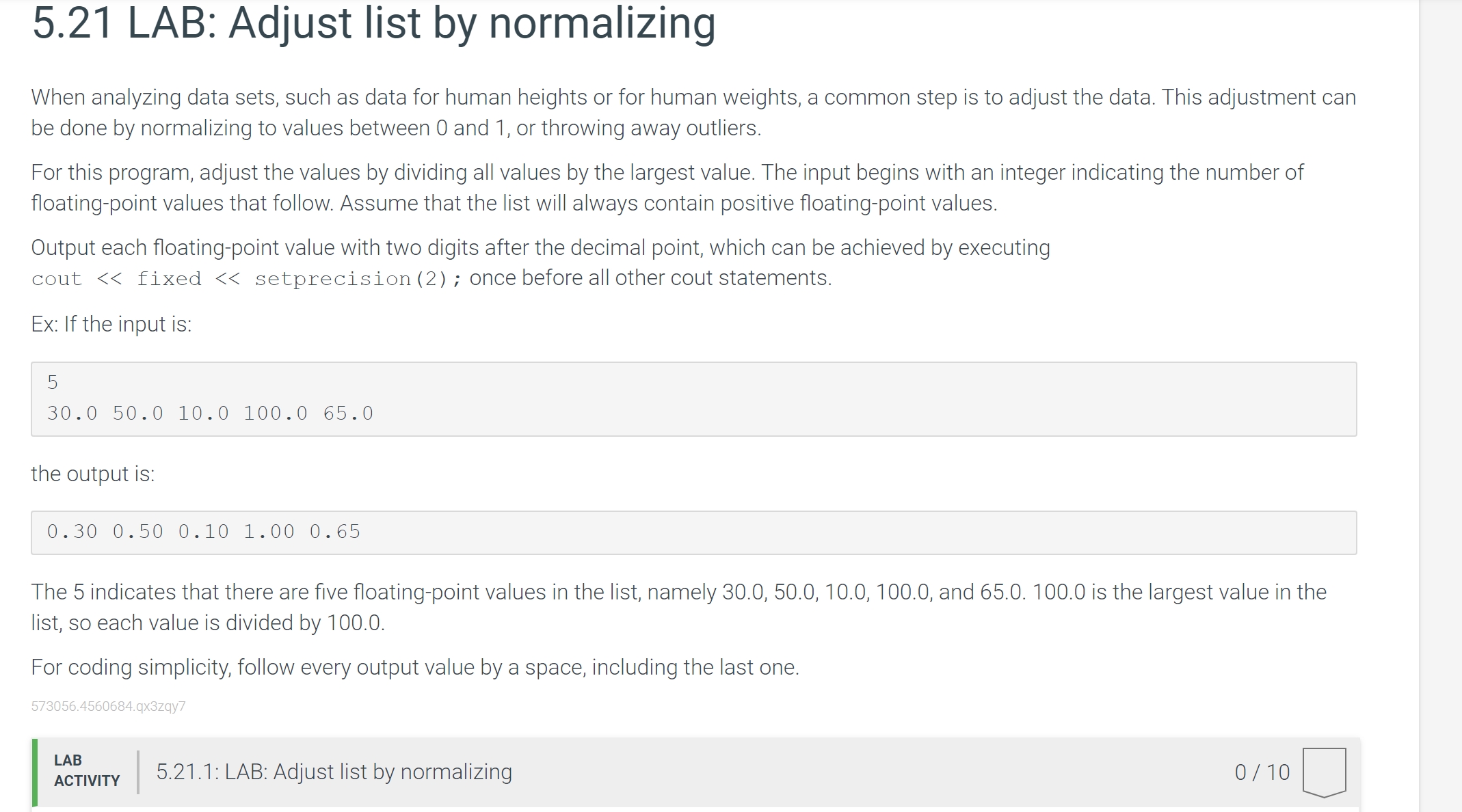 5 . 2 1 LAB: Adjust list by normalizing When