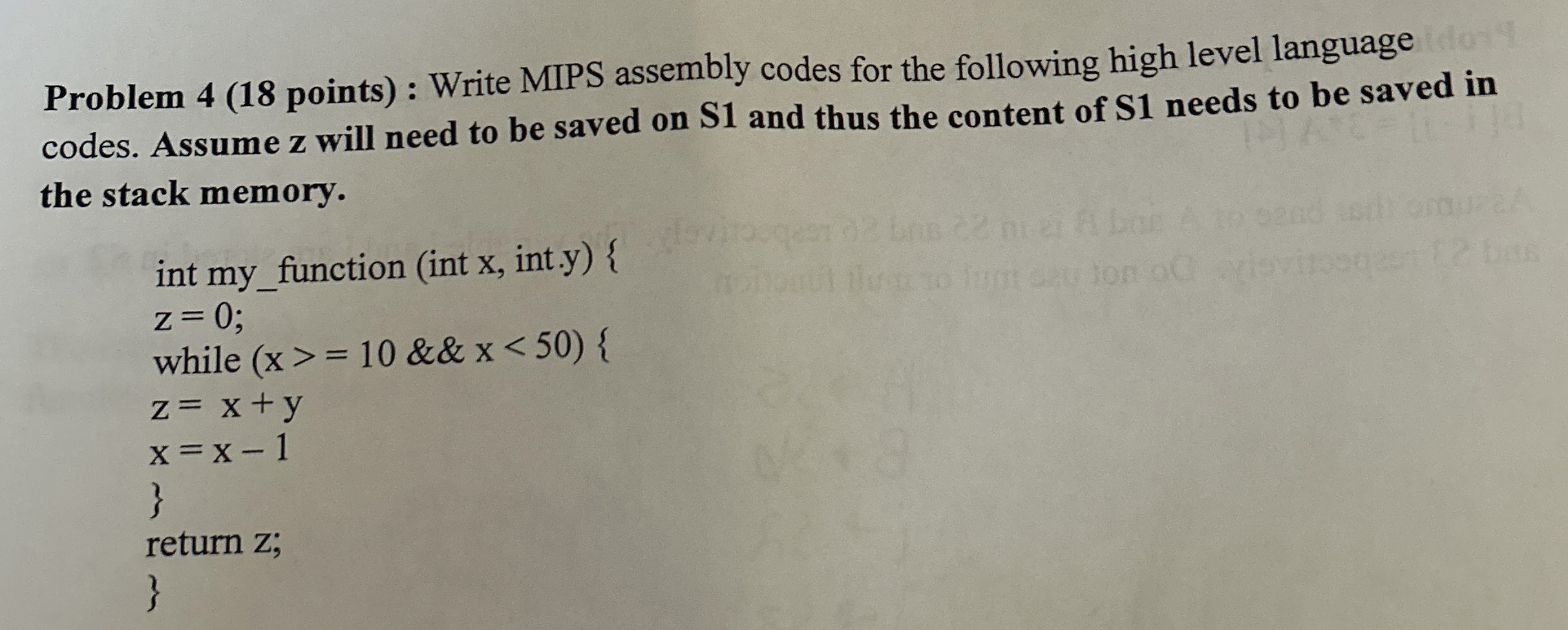 Problem 4 ( 1 8 points ) : Write MIPS assembly