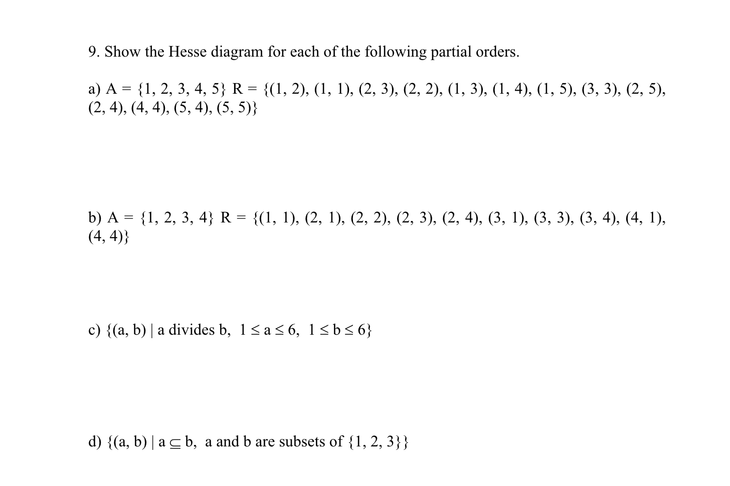 Show the Hesse diagram for each of the following