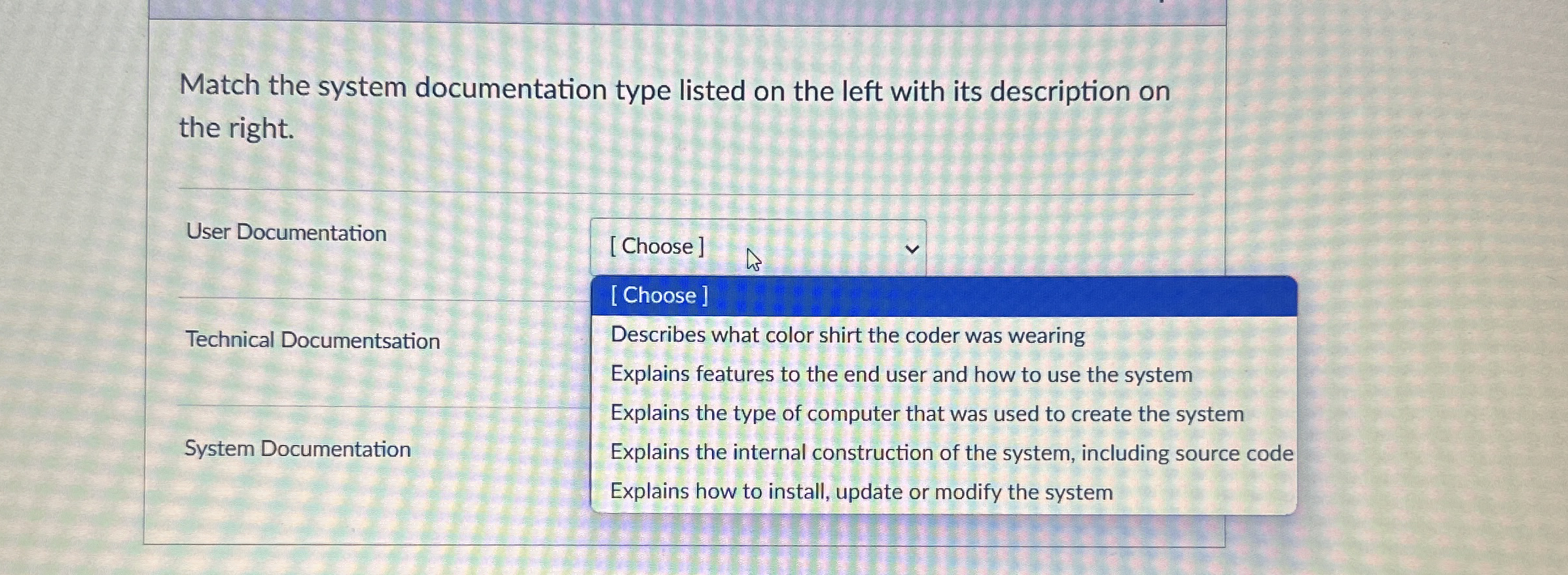 Match the system documentation type listed on the