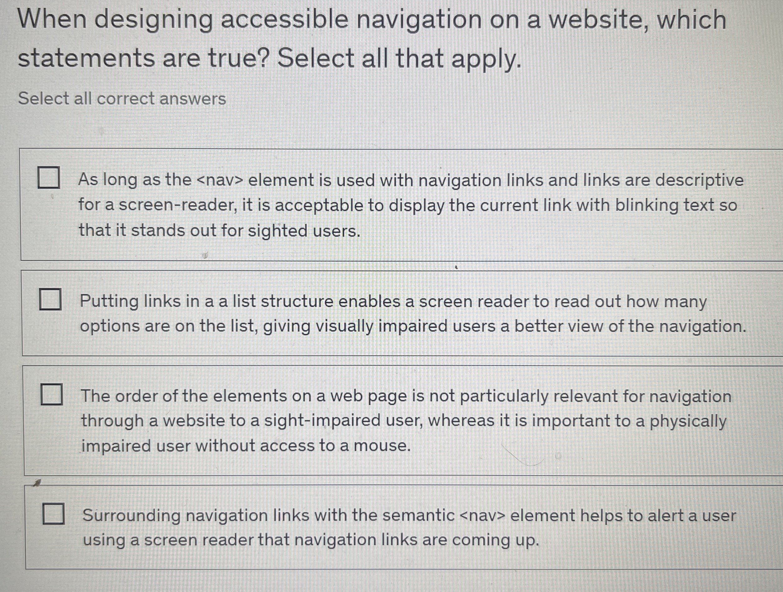 When designing accessible navigation on a