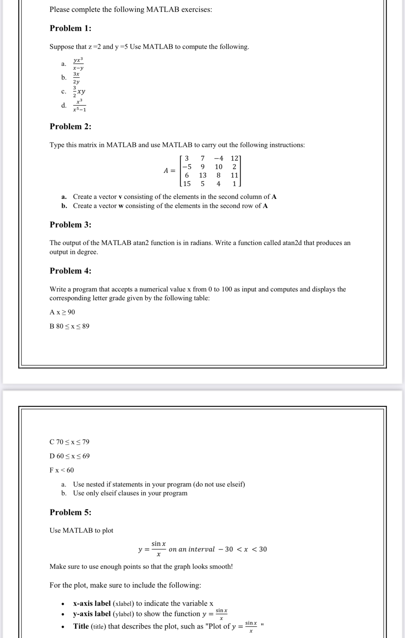 Please complete the following MATLAB exercises: