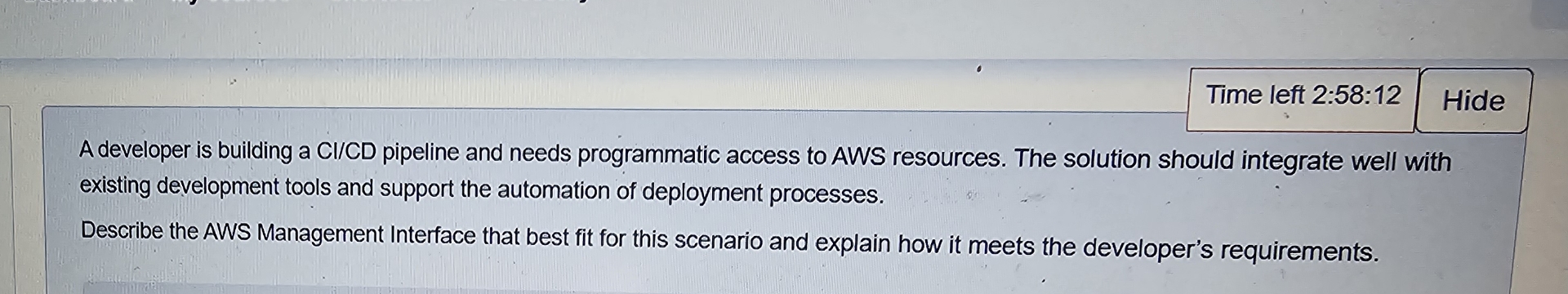 Time left 2 : 5 8 : 1 2 Hide A developer is