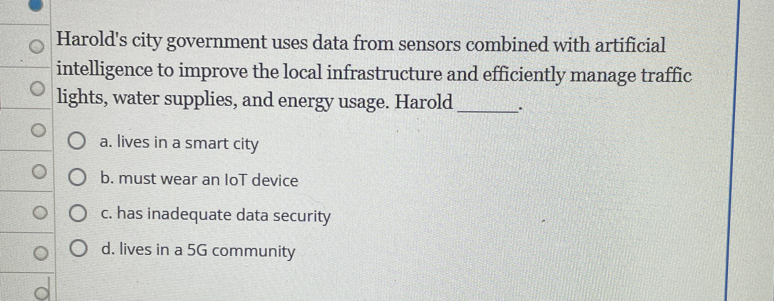 Harold's city government uses data from sensors