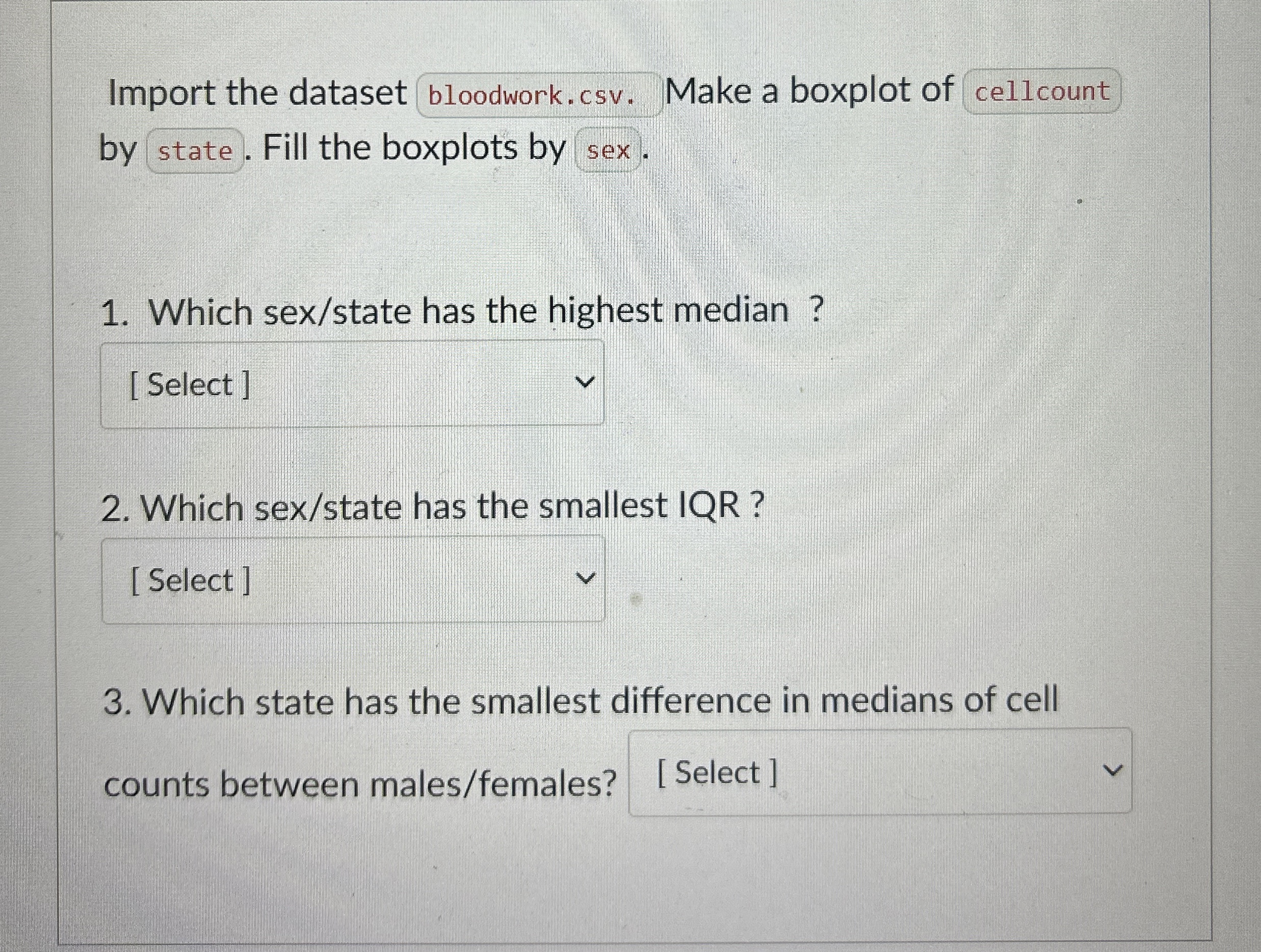 Import the dataset bloodwork.csv . Make a boxplot