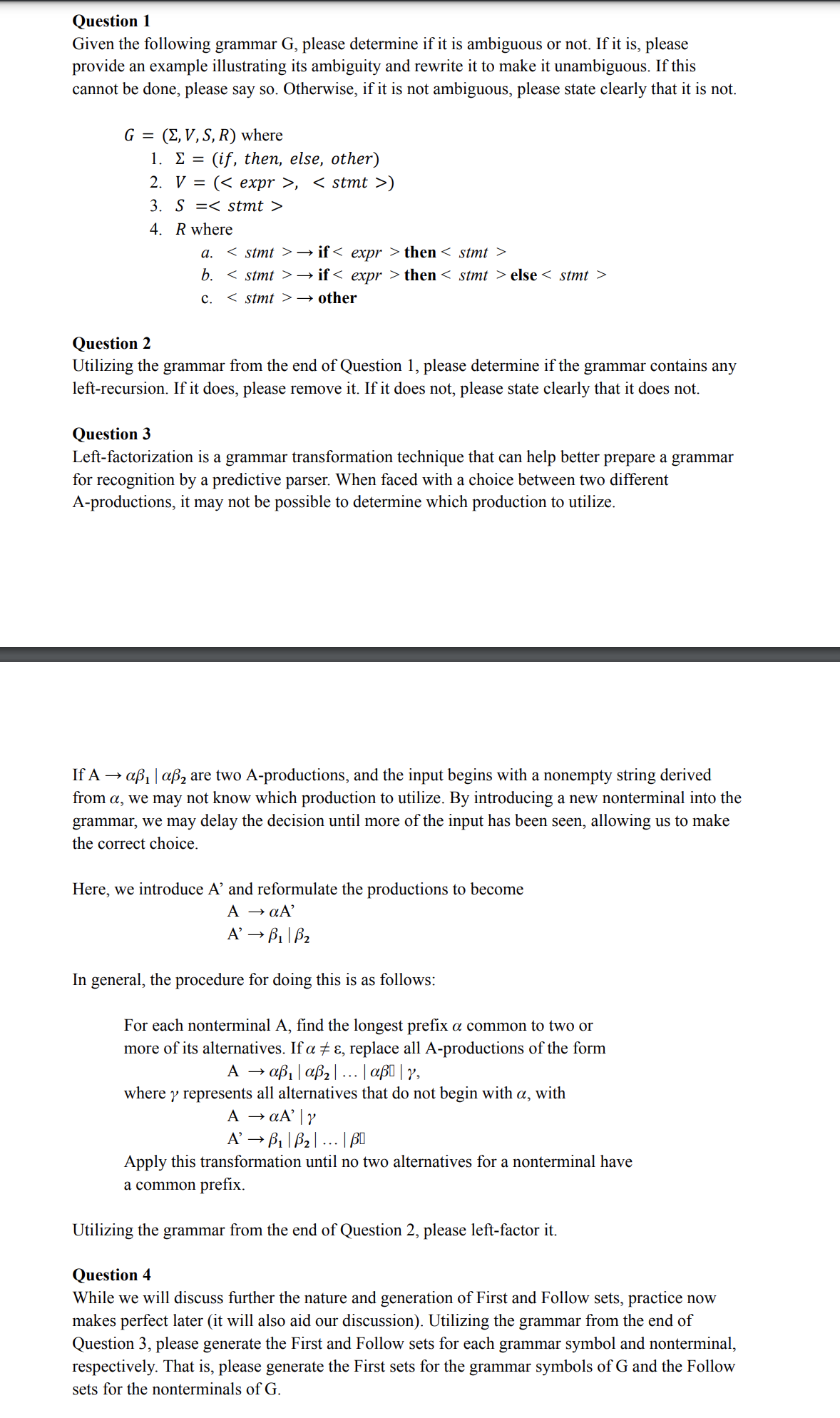 Given the following grammar G , please determine