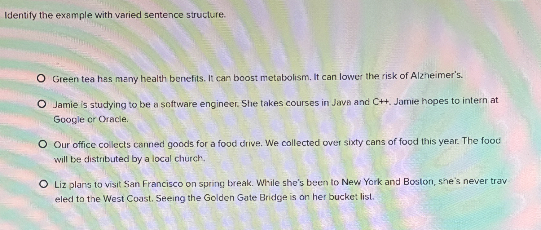 Identify the example with varied sentence