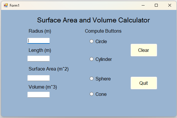 Surface Area and Volume Calculator Write a C#