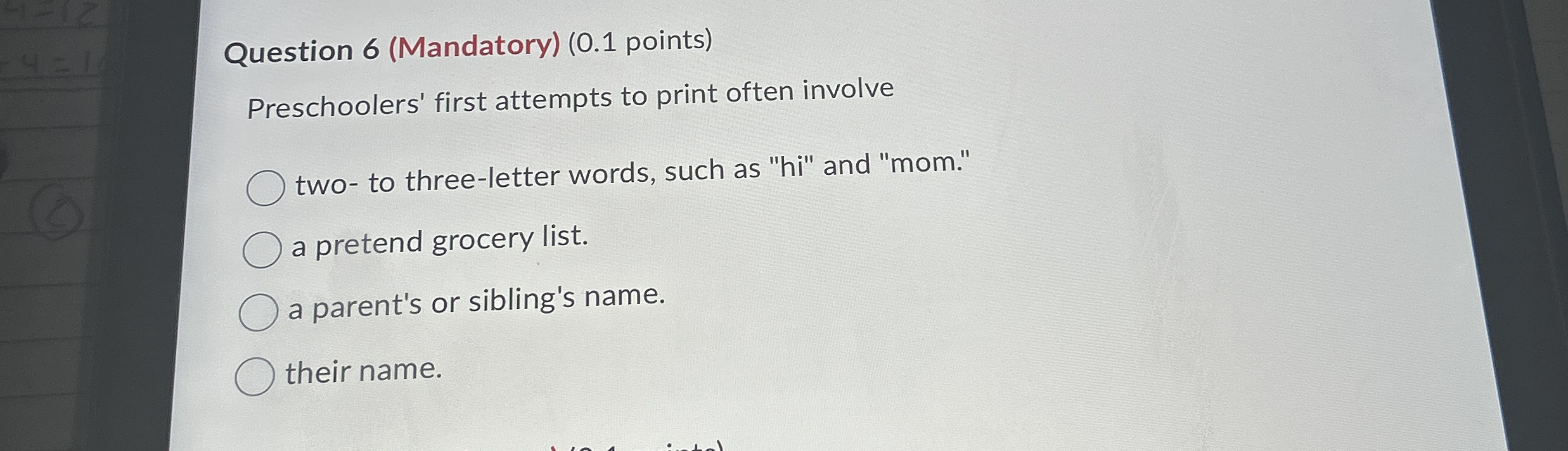 Question 6 ( Mandatory ) ( 0 . 1 points )