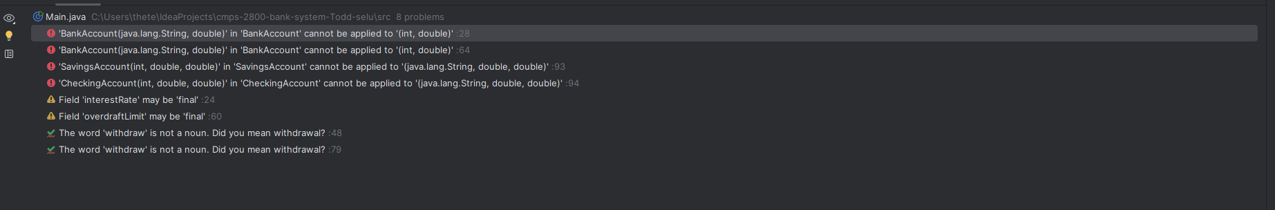 It keeps giving me these errors Main.java C .