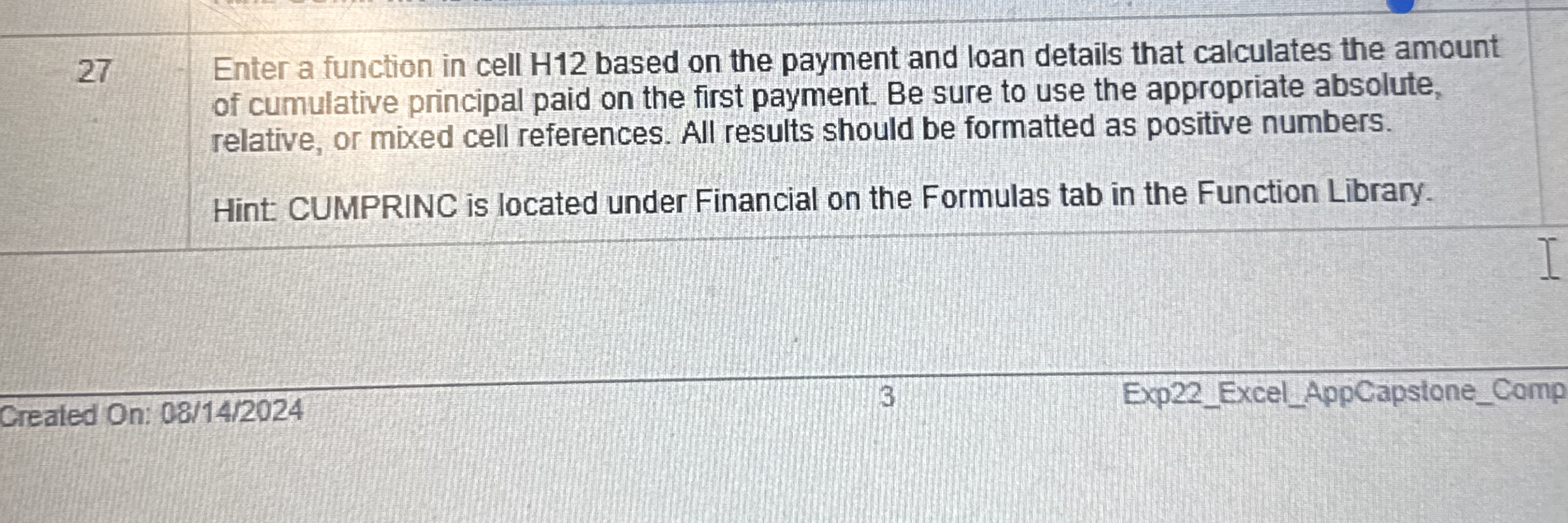 2 7 Enter a function in cell H 1 2 based on the