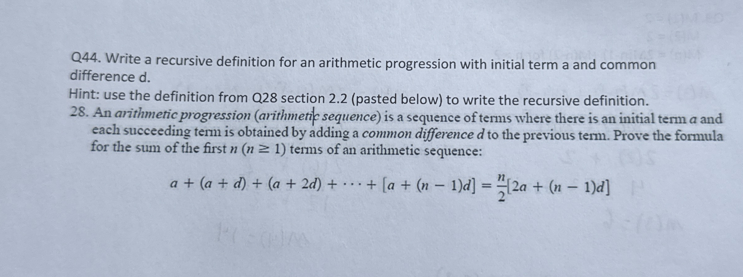 Q 4 4 . Write a recursive definition for an