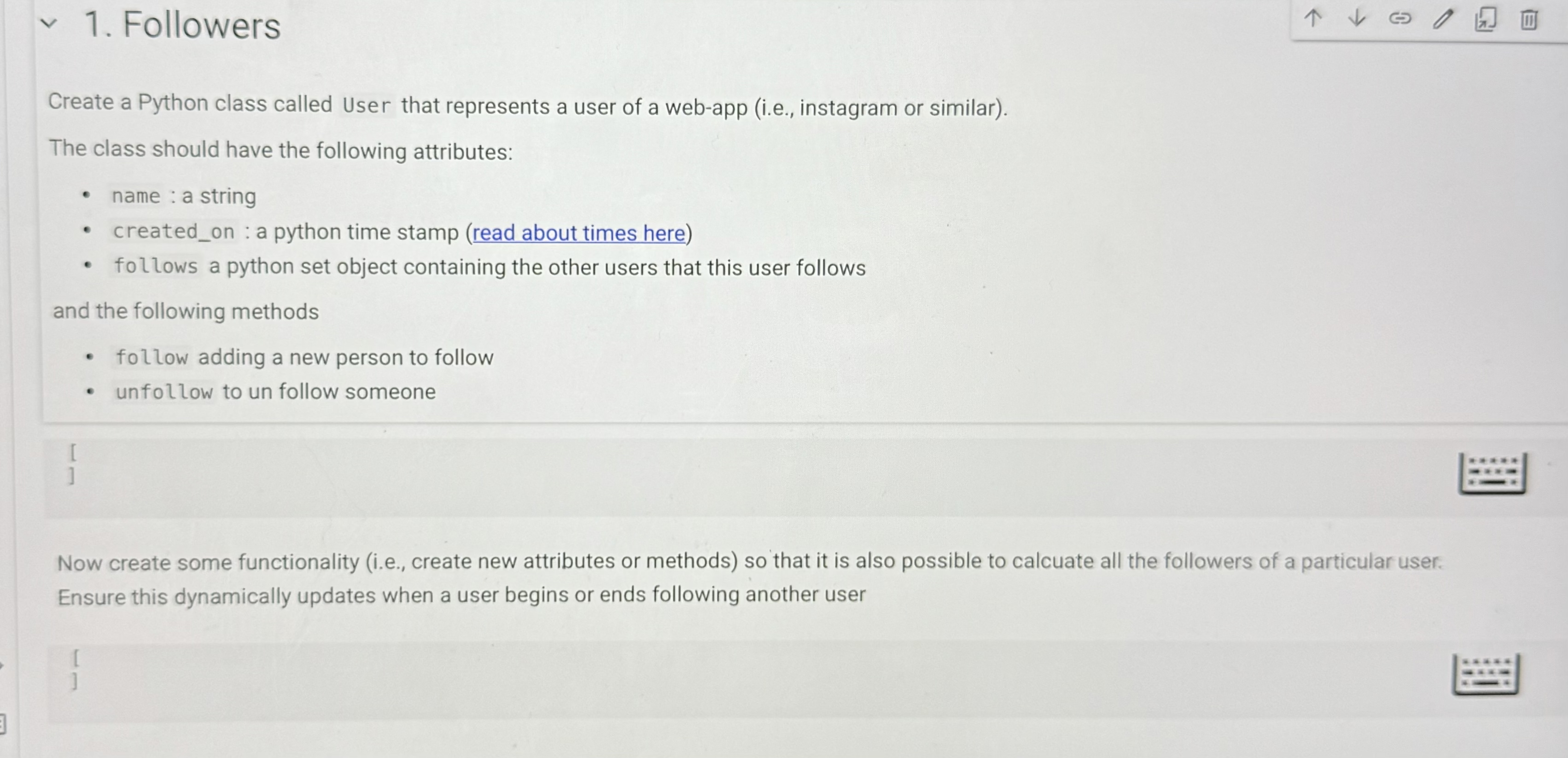 Followers Create a Python class called User that