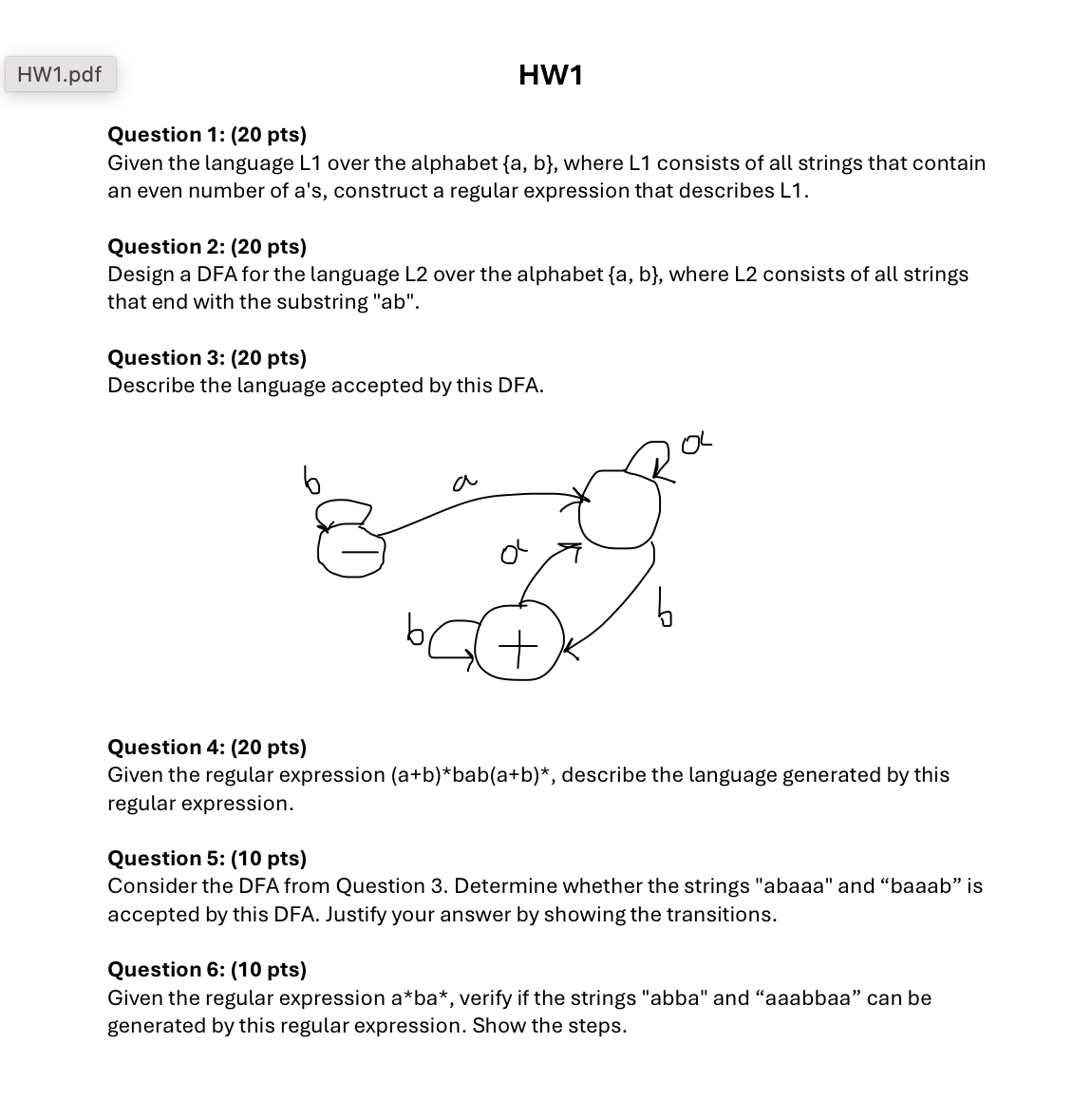 Question 1 : ( 2 0 pts ) Given the language L 1