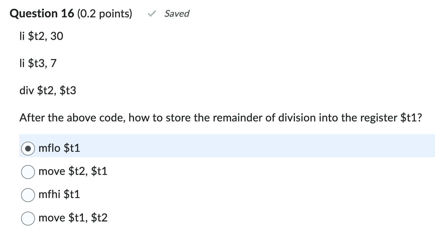 li $t 2 , 3 0 li $t 3 , 7 div $t 2 , $t 3 After