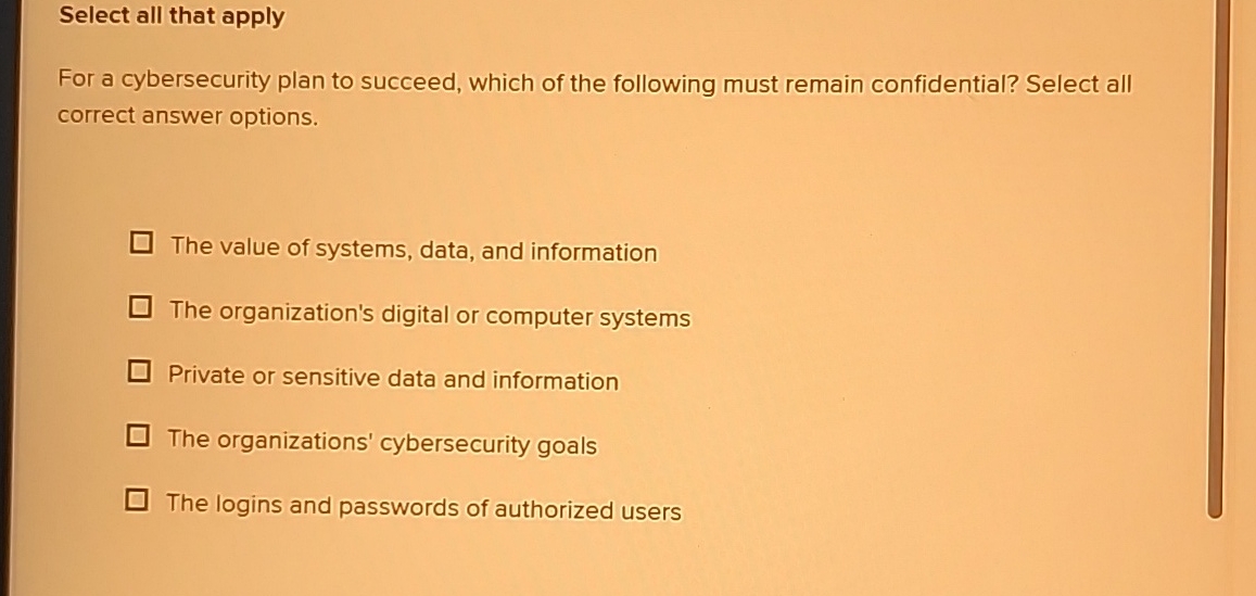 Select all that apply For a cybersecurity plan to