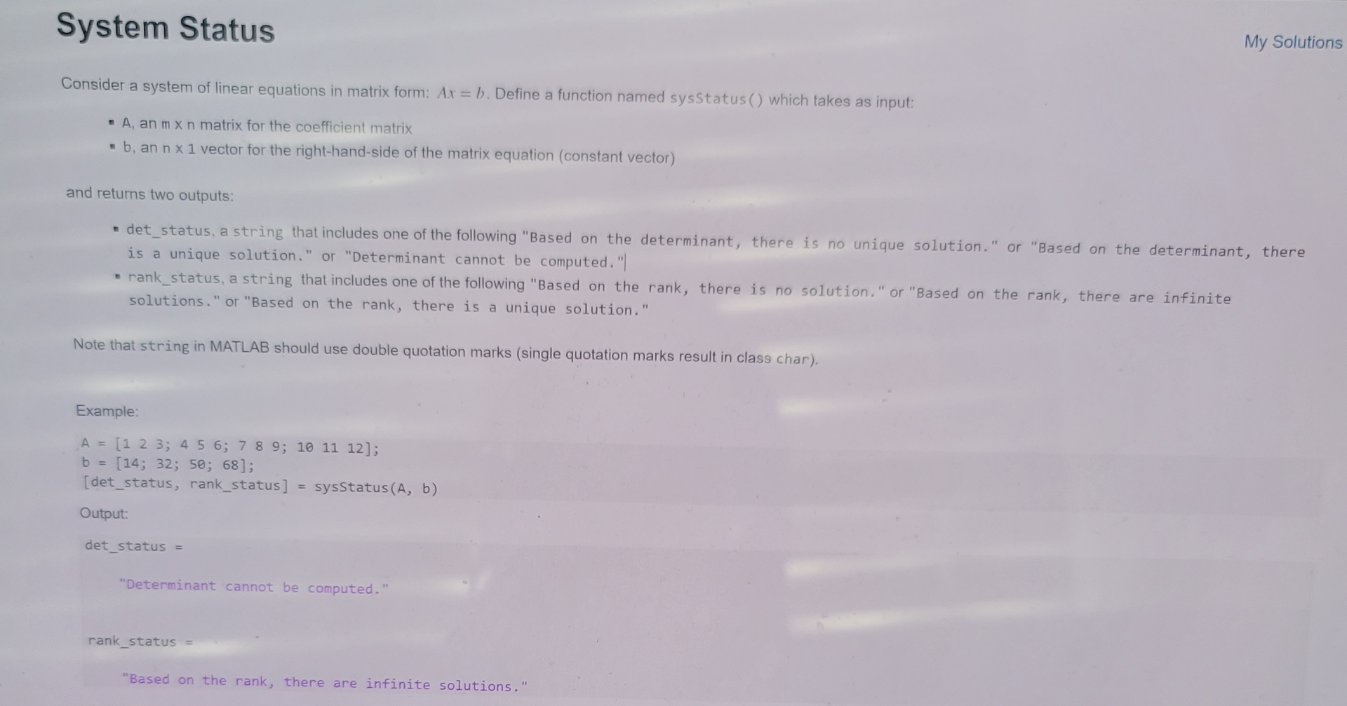 System Status My Solutions Consider a system of