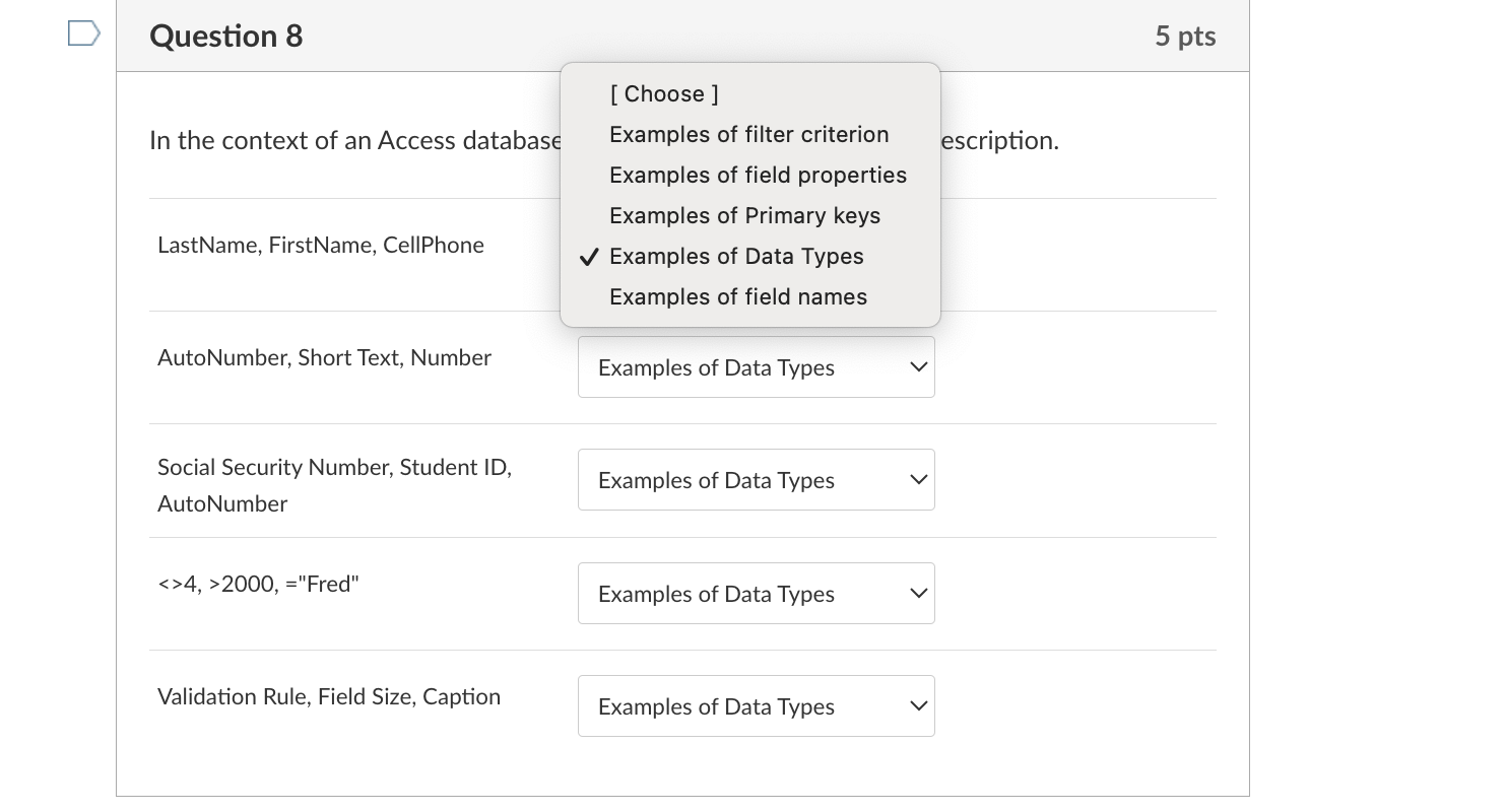 Question 8 In the context of an Access database