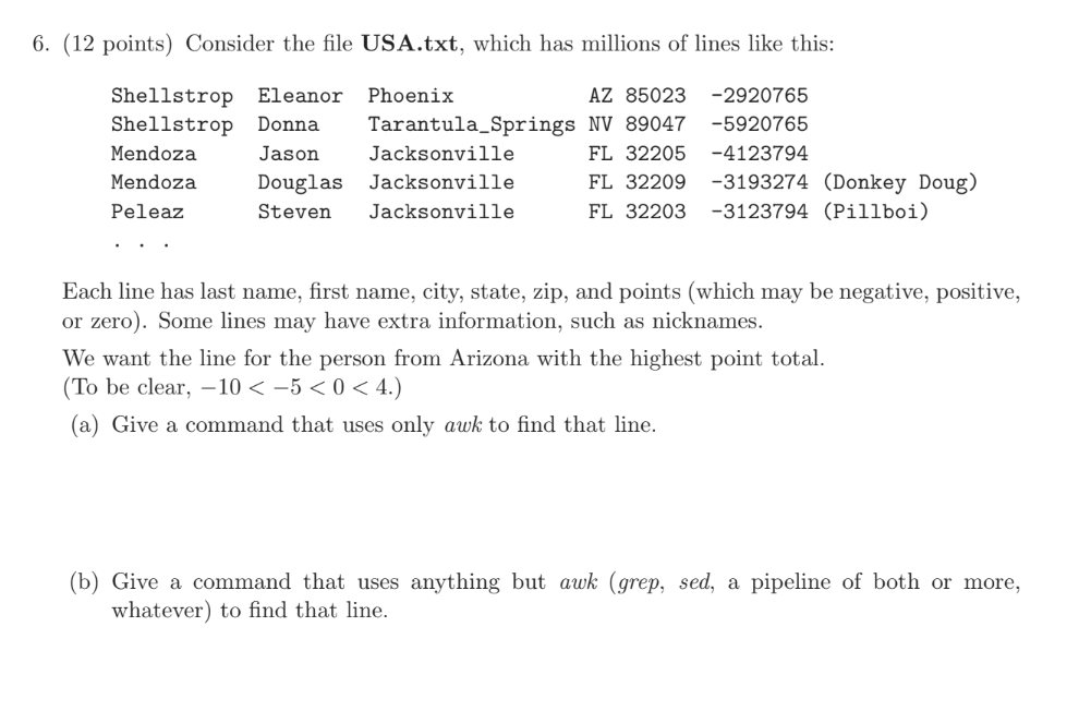 6 . ( 1 2 points ) Consider the file USA.txt ,