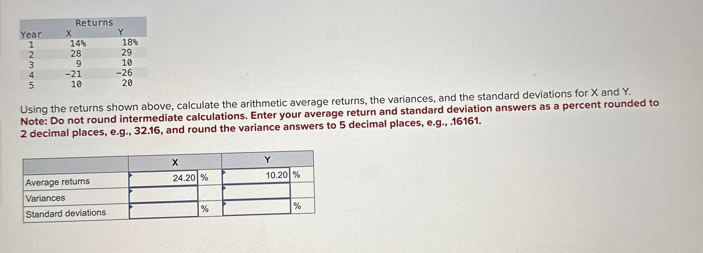 \ table [ [ , Returns ] , [ Year , X , Y ] , [ 1