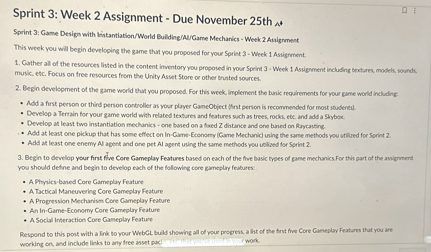 Sprint 3 : Week 2 Assignment - Due November 2 5