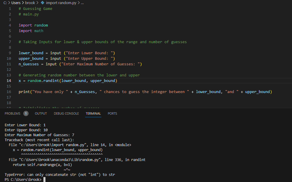 Error in Python Code When Using Random.randint (