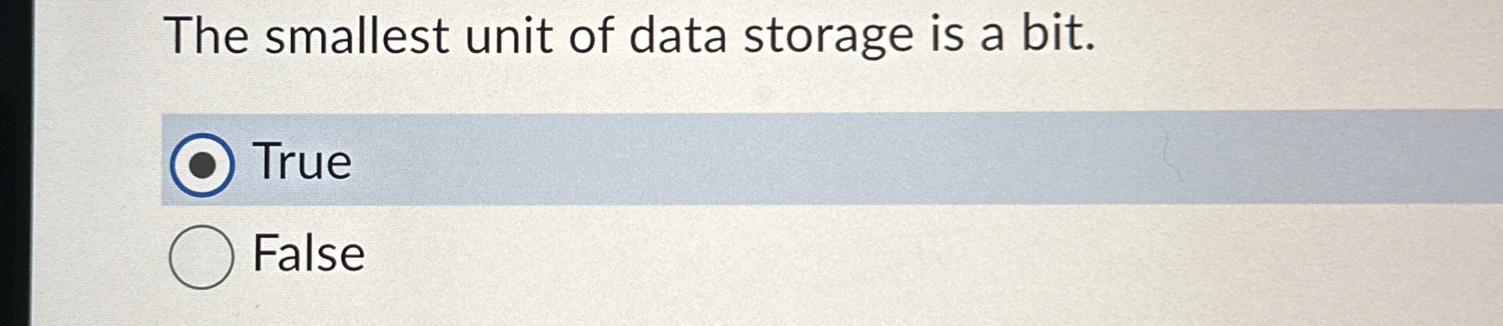 The smallest unit of data storage is a bit. True